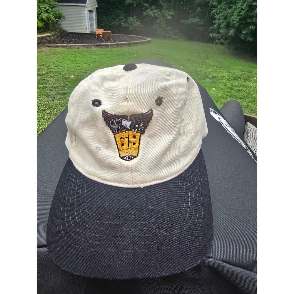 Vintage Sportsman 69 Eagle Embroidered Dad Hat Cream Navy Blue Strapback Cap